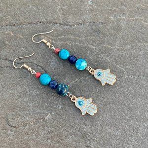 rhinestone hamsa earrings, gemstone boho earrings,